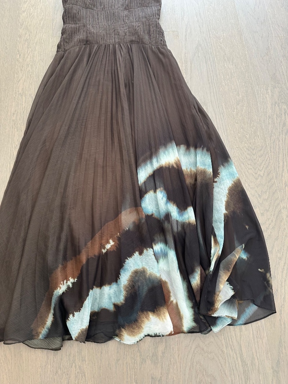 AMUR Sue Olive Green Pleated Maxi Chiffon Dress Tie Dye Gown - Size 6 - Picture 5 of 13
